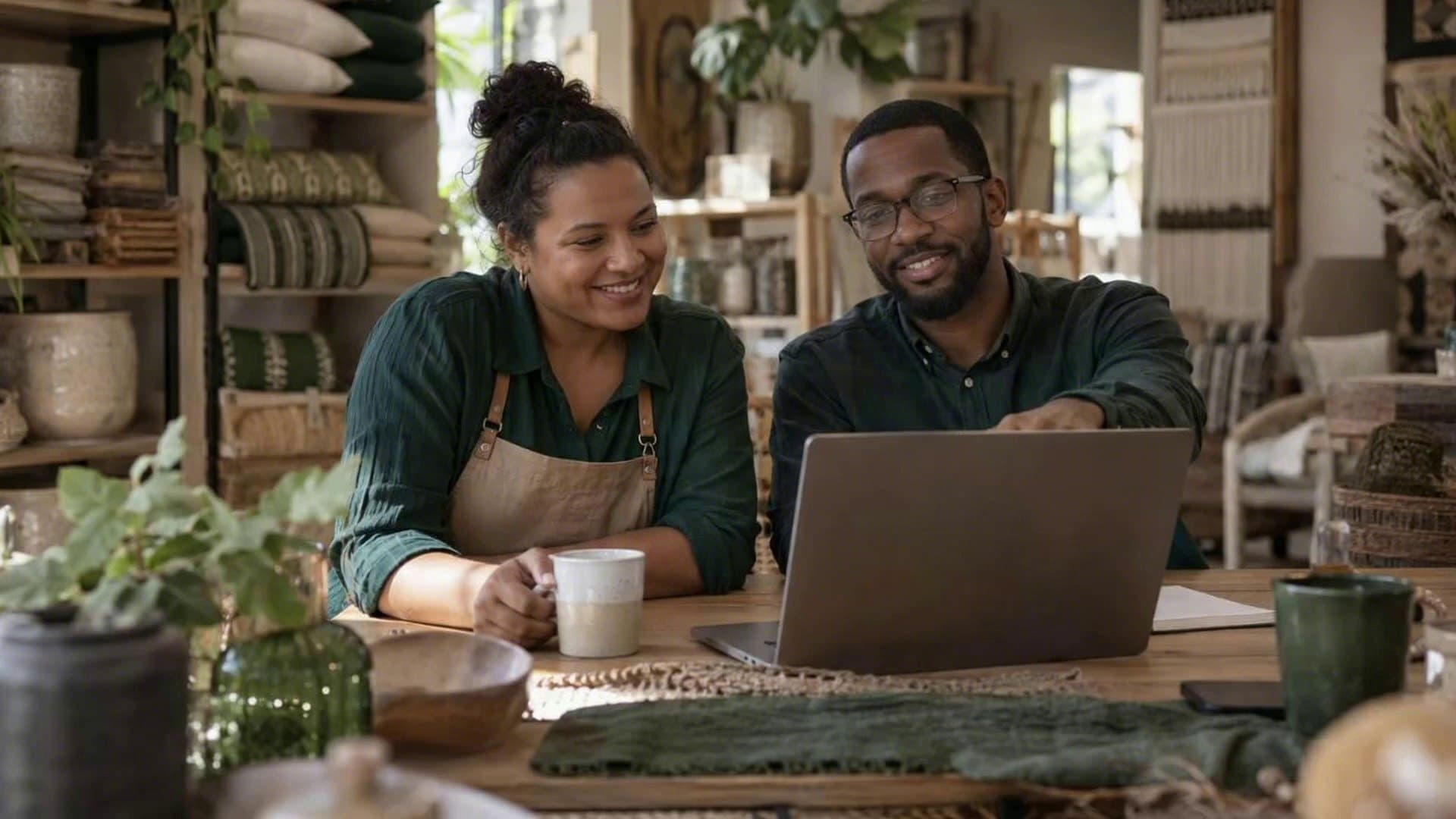 A shop owner and a specialist go through a laptop together at a table in her shop