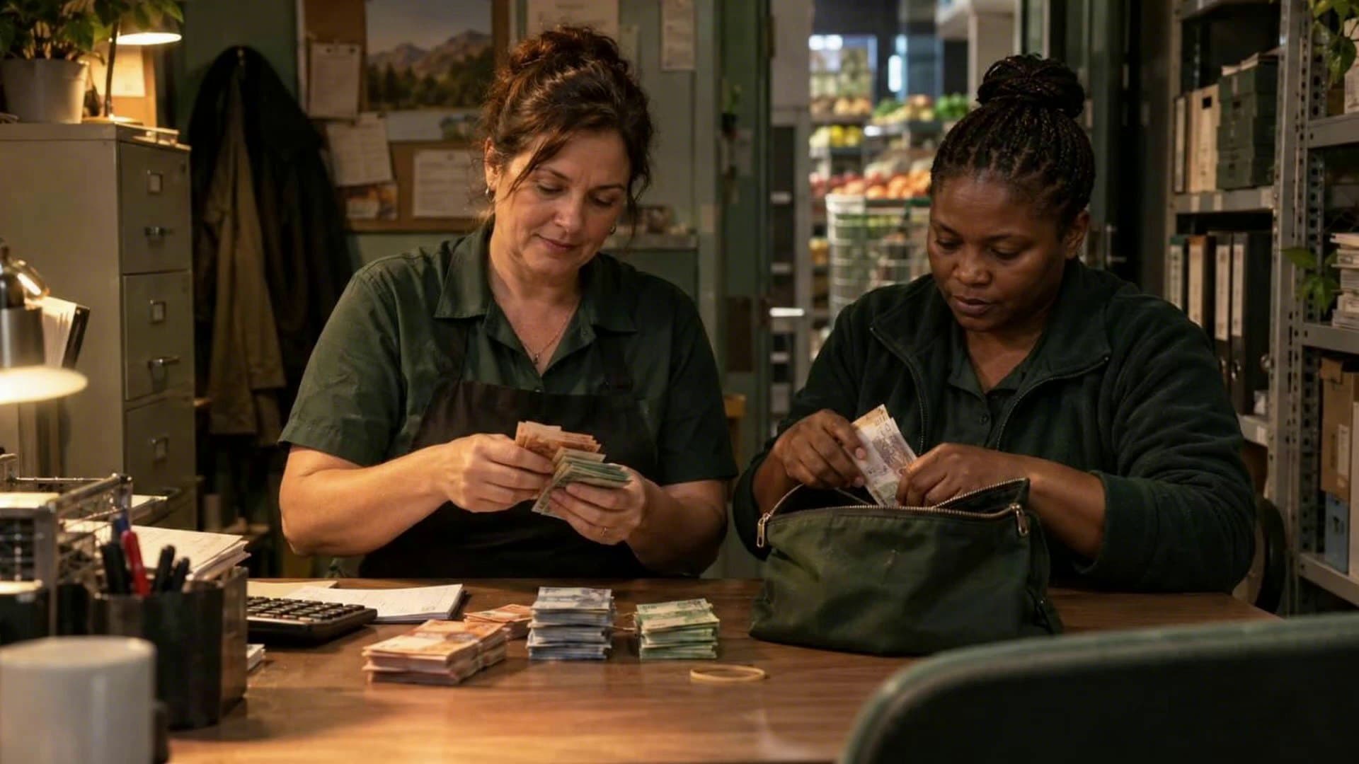 A shop owner and her bookkeeper count banknotes into a cash deposit bag at closing time