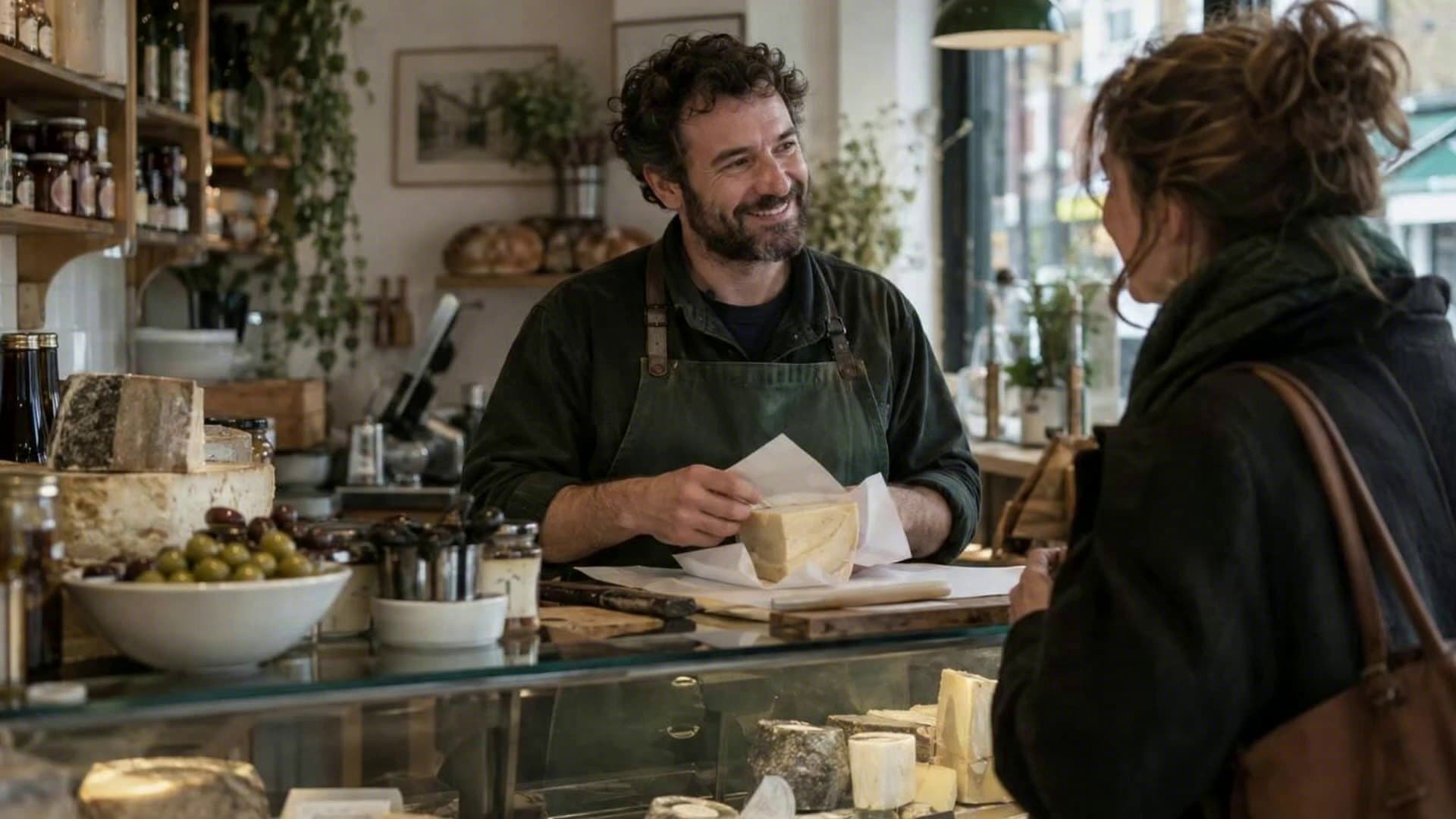 A deli owner chats with a regular across the counter while wrapping cheese