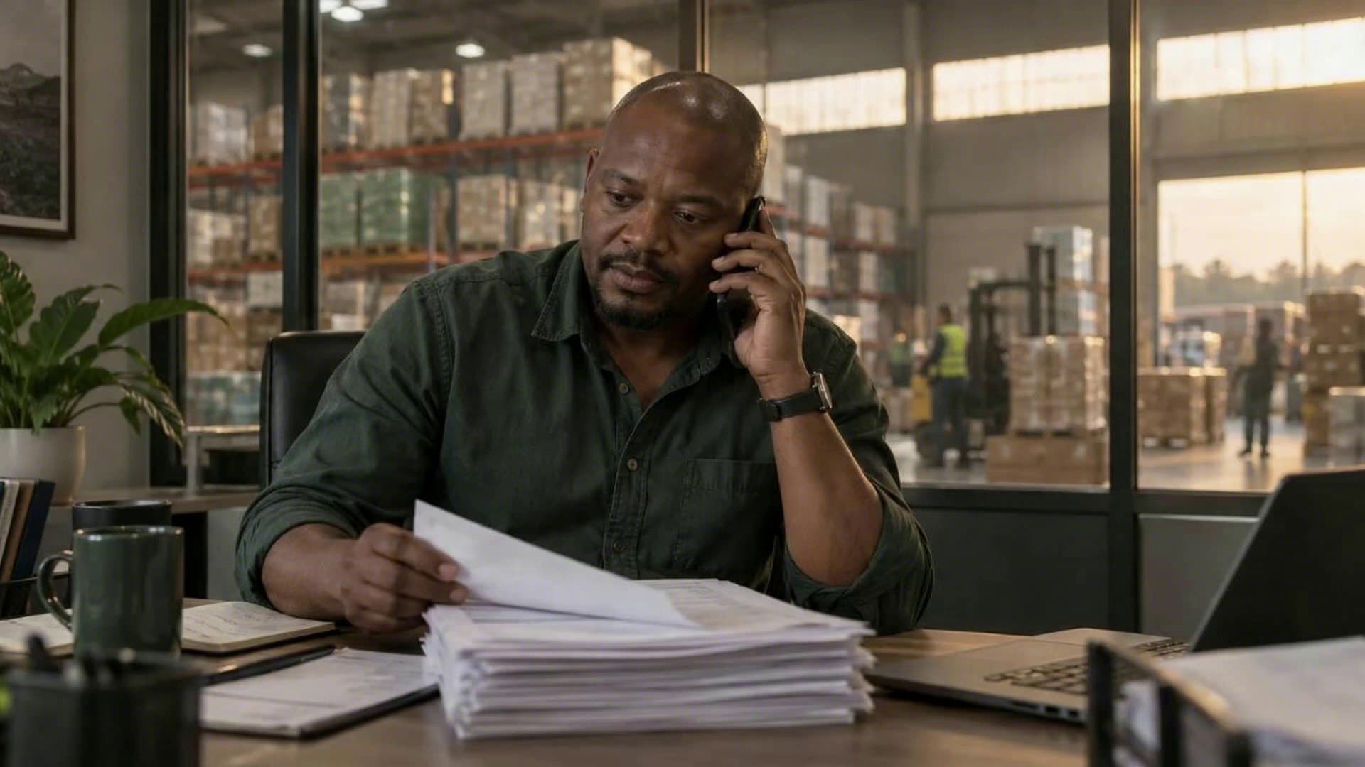 A wholesaler on a phone call at his desk with a stack of printed statements, the warehouse behind the glass