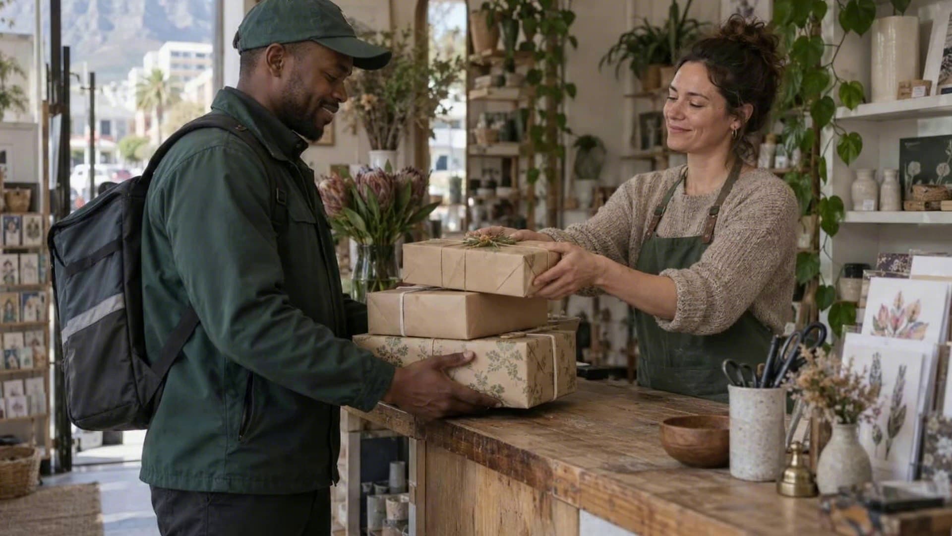 A courier collects wrapped parcels from the counter of a small gift shop