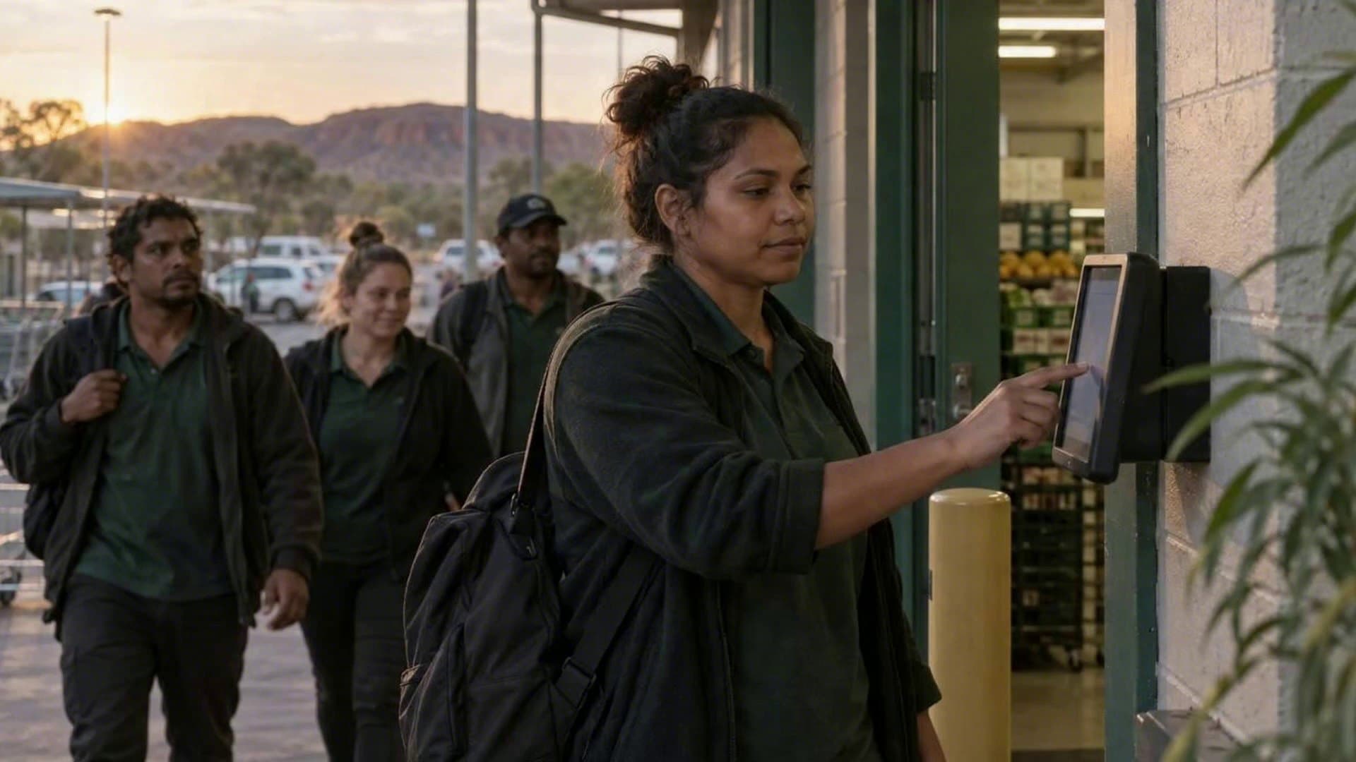 A supermarket staff member clocks in at a wall-mounted tablet by the staff entrance