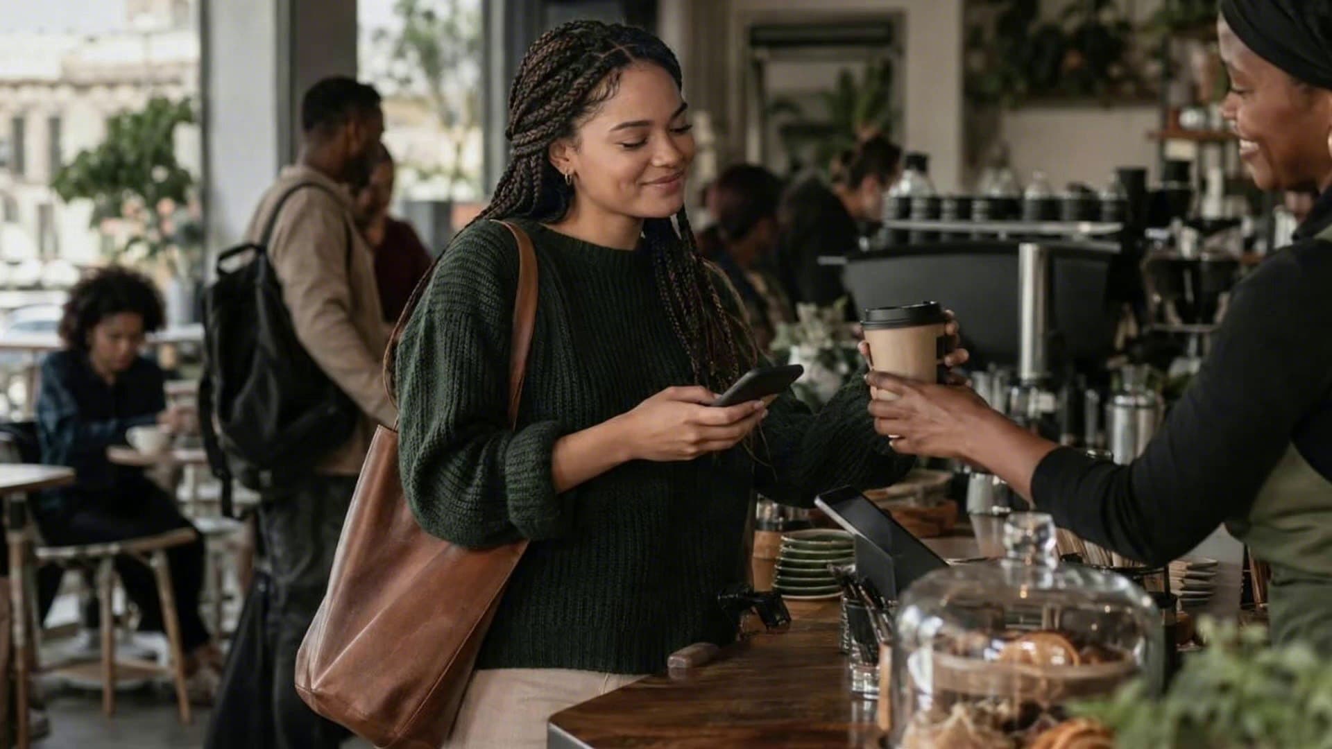 A woman holds her phone at a coffee shop till as the barista hands over her coffee