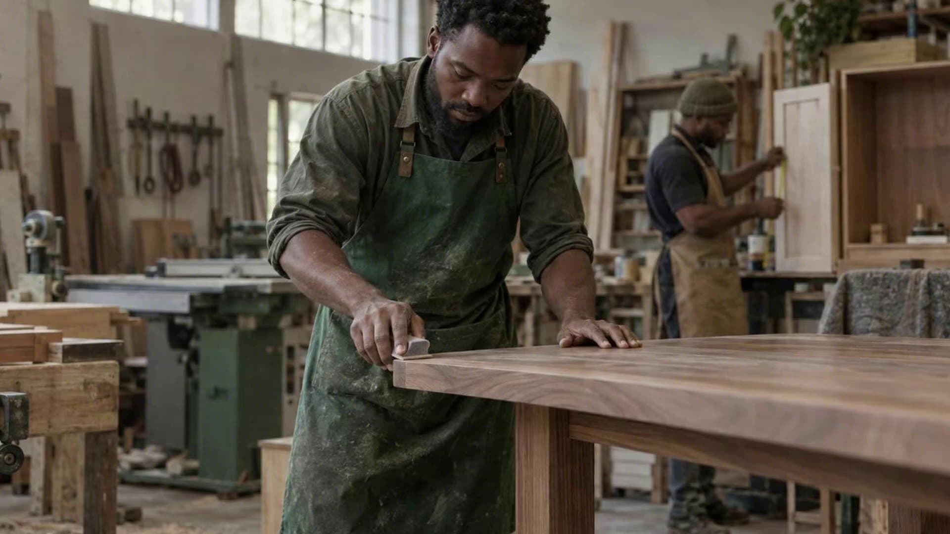 A furniture maker sands the edge of a custom wooden table in his workshop