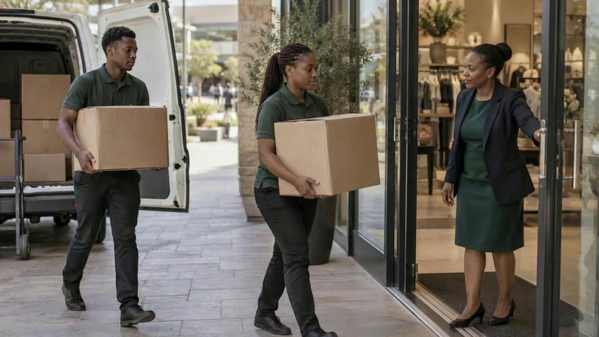 Shop assistants carry cartons from a delivery van into a mall store while the manager holds the door