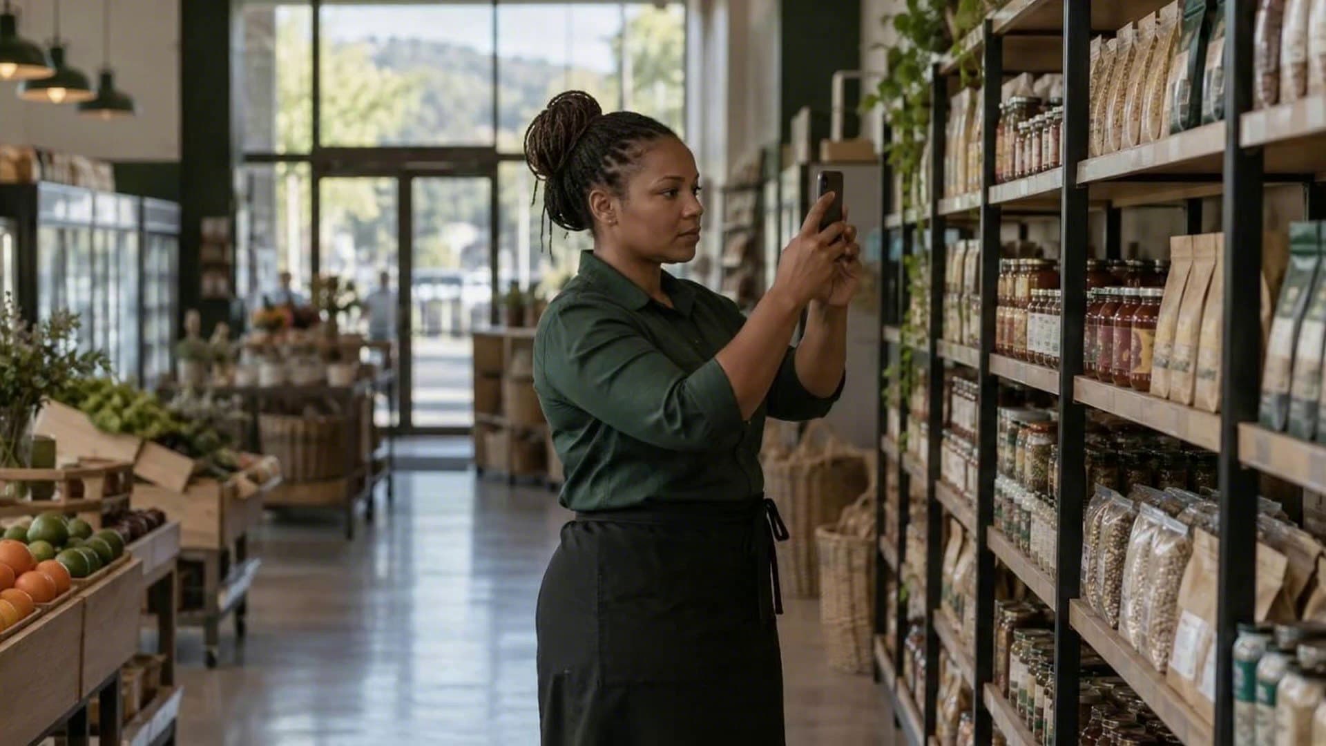 A store manager photographs a stocked shelf with her phone during the opening checklist