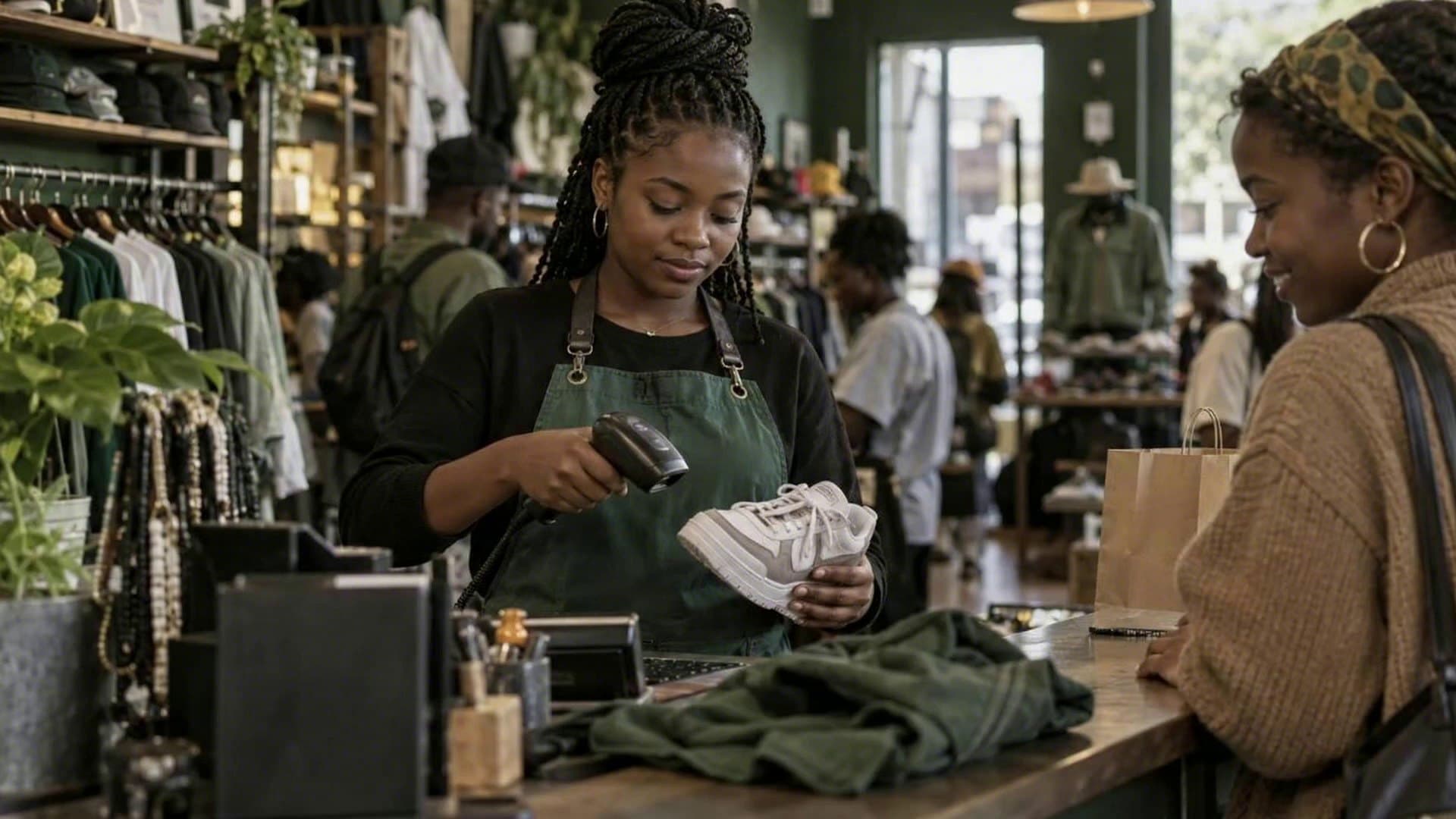 A cashier scans a pair of sneakers at a boutique counter while the customer waits
