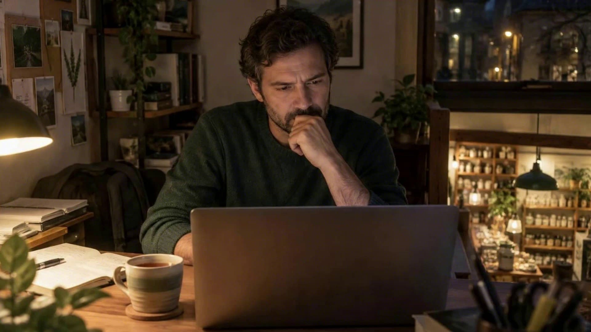 A shop owner thinks over the business at a laptop in the evening, a cup of tea beside him