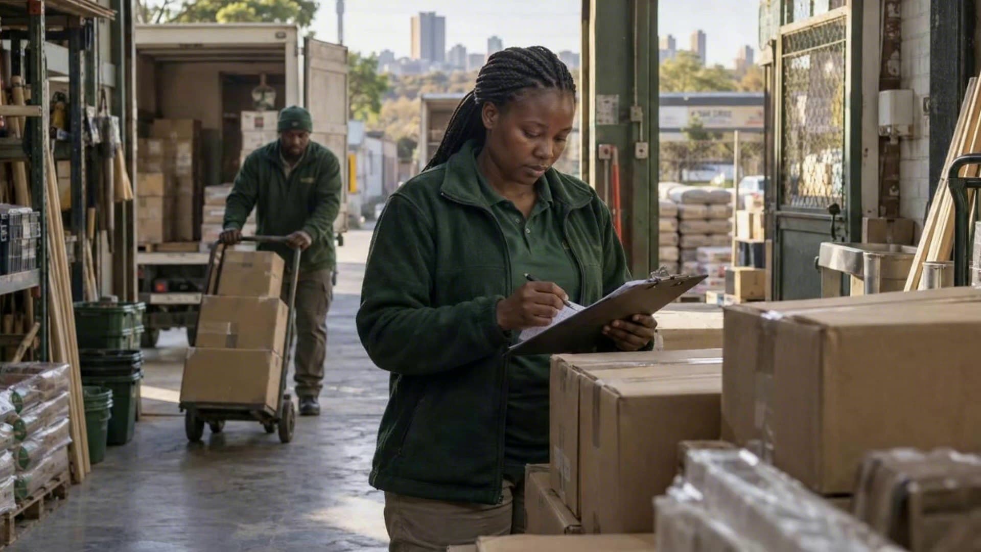 A receiving clerk checks a delivery against her clipboard as the driver wheels in cartons