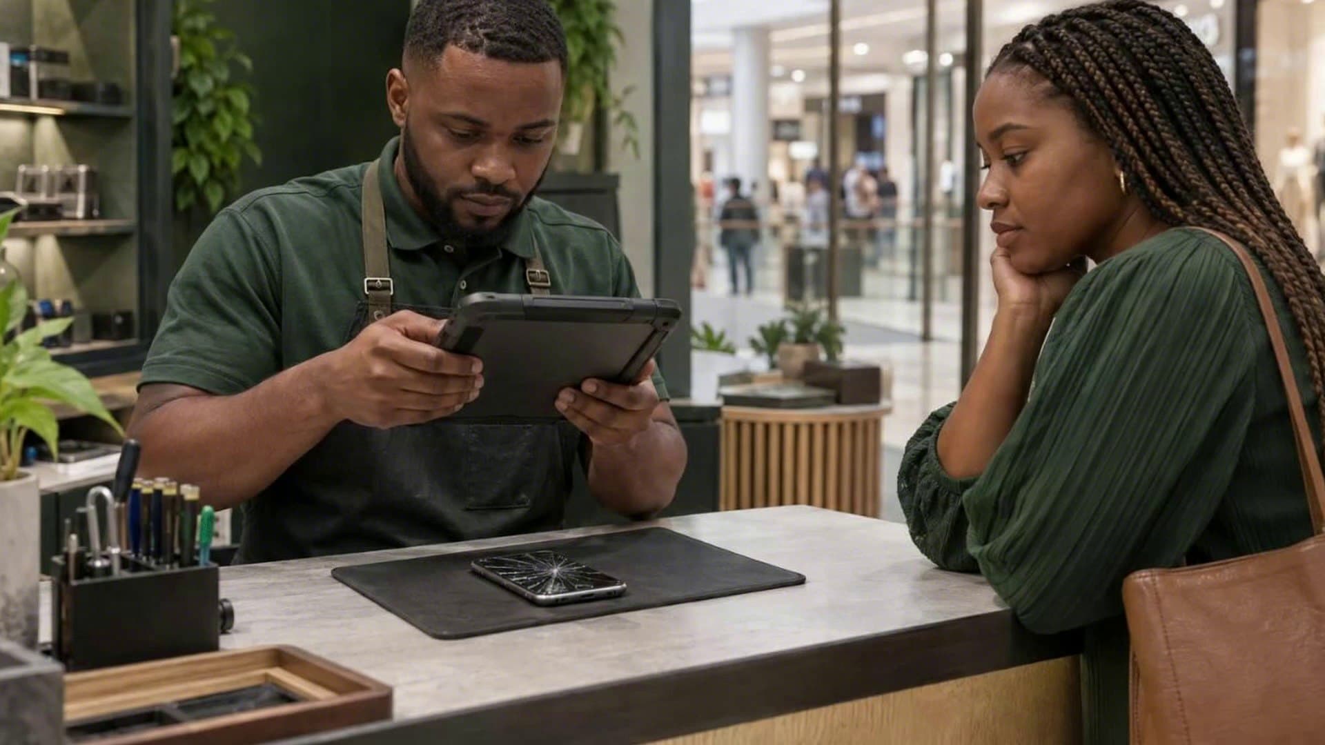 A repair technician photographs a phone at the booking-in counter while its owner watches