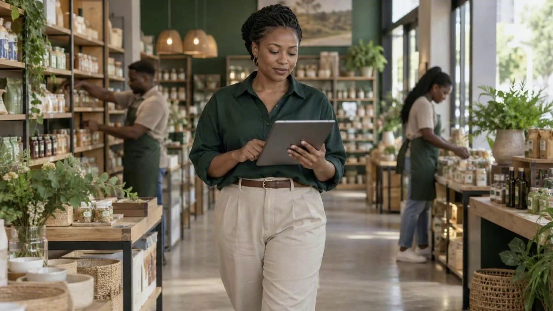 A store owner reviews figures on a tablet as she walks through her shop