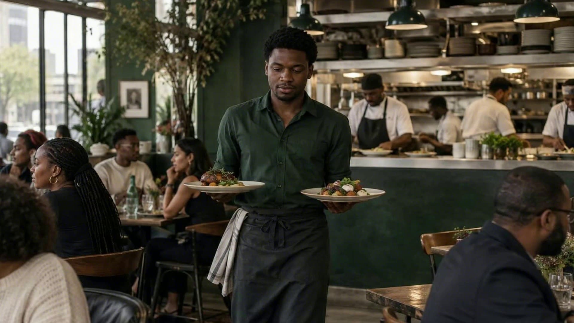 A waiter carries two plates from the kitchen pass into a busy bistro