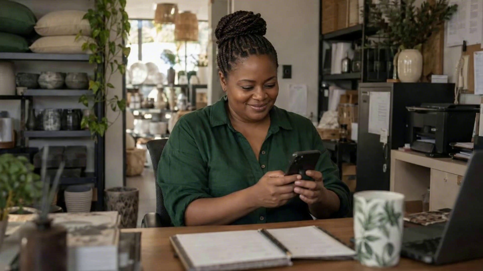 A shop owner smiles as she types a message on her phone at her office desk