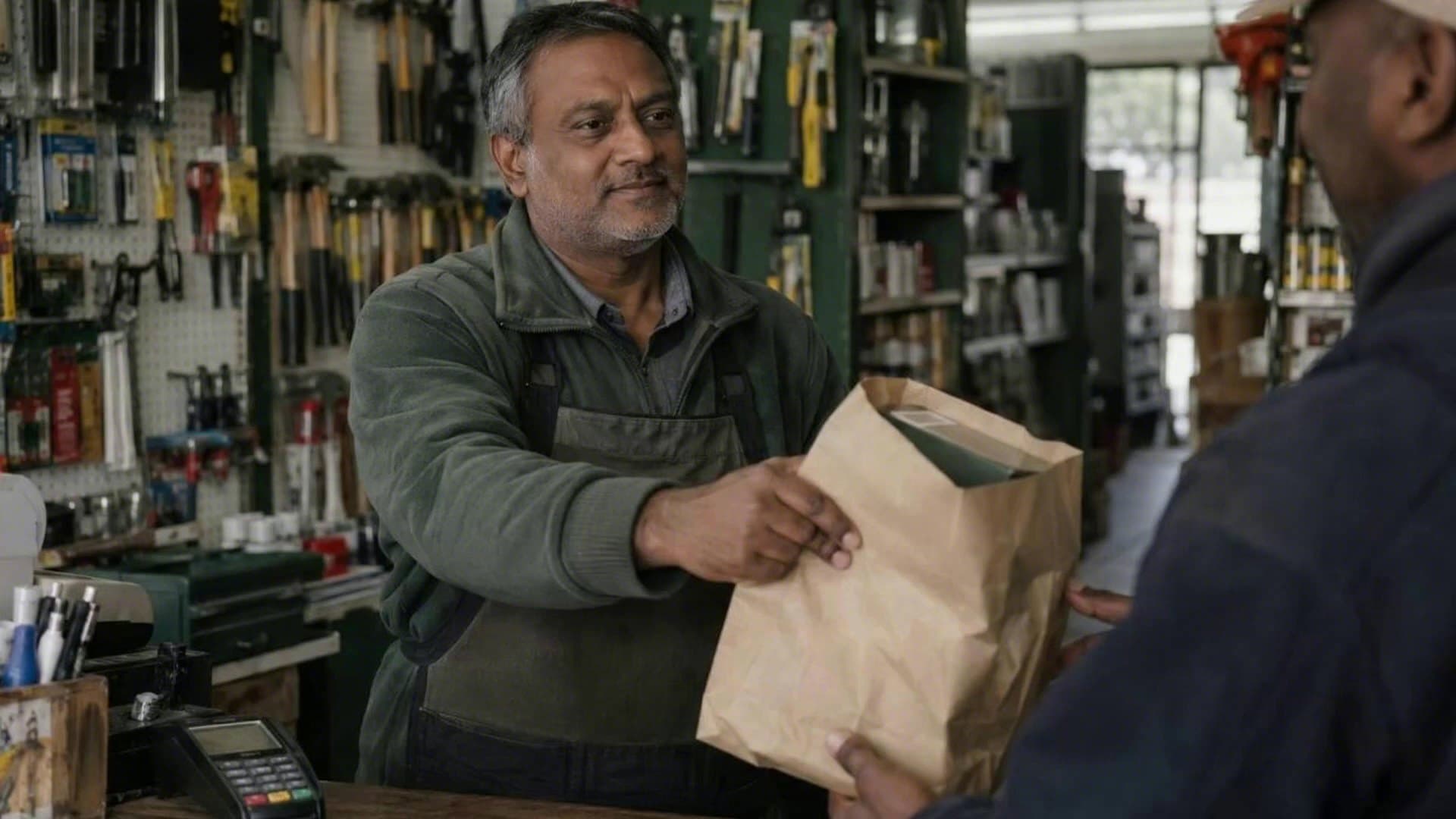 A hardware store owner hands a customer a bagged cordless drill across the counter