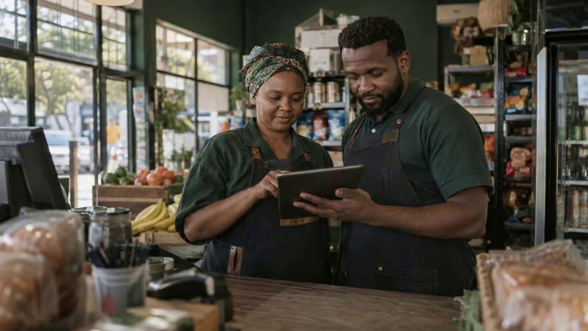 A convenience store owner and her manager plan the day at the counter before opening